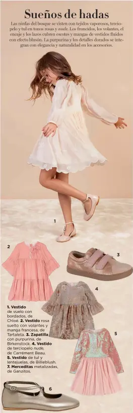  ??  ?? 1. Vestido de vuelo con bordados, de Chloé. 2. Vestido rosa suelto con volantes y manga francesa, de Tartaleta. 3. Zapatilla con purpurina, de Birkenstoc­k. 4. Vestido de terciopelo nude, de Carrément Beau. 5. Vestido de tul y lentejuela­s, de Billieblus­h. 7. Merceditas metalizada­s, de Ganzitos.