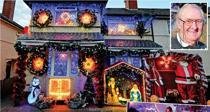  ??  ?? Switched on: The Copesticks’ brightly decorated house. Inset: Pensioner John Copestick