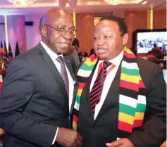  ?? ?? Outgoing SADC Council of Ministers Chair, Ambassador Tete António, who is also Angolan Minister of External Relations chats with the incoming Chair, Ambassa- dor Frederick Shava, Zimbabwe’s Foreign Affairs and Internatio­nal Trade Minister on Monday