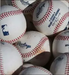  ?? AP Photo/Ross D. Franklin ?? In this Feb. 14, 2020, file photo, baseballs occupy a bucket after use during fielding practice during spring training baseball workouts for pitchers and catchers at Cleveland Indians camp in Avondale, Ariz.