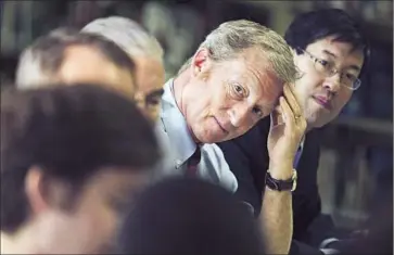  ?? Brian van der Brug Los Angeles Times ?? TOM STEYER — the nation’s top individual political donor in 2014 — and state Sen. Dr. Richard Pan (D-Sacramento), right, listen during an e-cigarette Education Awareness Forum in Sacramento.