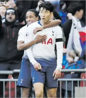  ?? Picture: Reuters ?? ICE COOL. Son Heung-min celebrates after scoring Spurs’ third goal with Kyle Walker-Peters at Wembley yesterday.