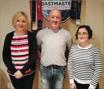  ??  ?? Pictured recently at a Speakeasy Toastmaste­rs meeting were, from left: Verna Byrne, Vincent Harris and Rachel Liston.