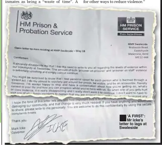  ??  ?? ■
‘A FIRST’: Mr Icke’s letter to lags at Swaleside