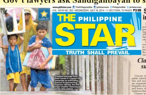  ??  ?? Children evacuate from their homes in Legazpi City yesterday as authoritie­s warned of approachin­g Typhoon Glenda, the first major weather disturbanc­e of the rainy season.