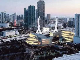  ?? MIAMI HERALD Archive ?? This design by the MCM group for a “signature bridge” on I-395 over Biscayne Boulevard that would have been suspended from pylons that resemble dancers was not selected by FDOT, although it was favored by a local panel.