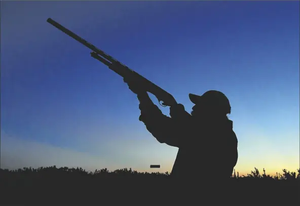  ??  ?? MANUEL SANDOVAL, FROM CORONA, CALIF., SHOOTS at a passing dove in the area of County 18th Street and Avenue 2E early Tuesday morning, the first day of the 2020 early dove hunting season in Arizona. The season, for white wing and mourning dove, officially opened a half hour before sunrise Tuesday, and will run through sundown on Sept. 15.