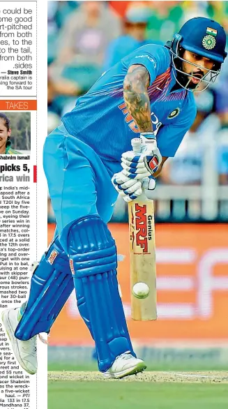  ?? — AP ?? India opener Shikhar Dhawan en route to his 39-ball 72 against South Africa in the first T20I at Johannesbu­rg on Sunday.