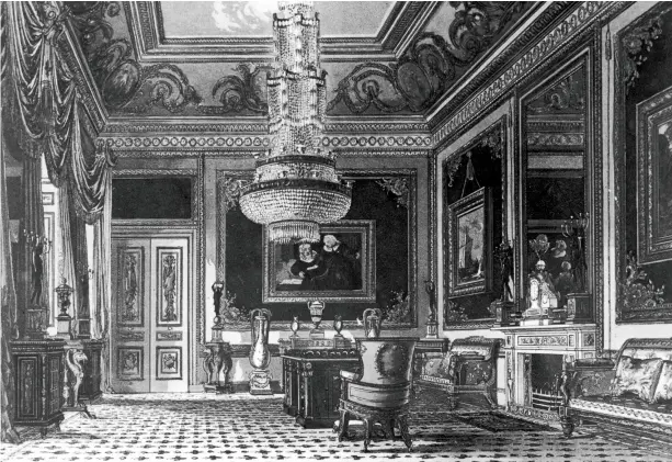  ??  ?? above: The only known similar vases were acquired by the Prince Regent, and seen here in an aquatint engraving of the Blue Velvet Room at Carlton House by Charles Wild, circa 1816. left: One of the Buccleuch vases without its mount.