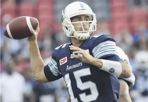  ?? NATHAN DENETTE/THE CANADIAN PRESS ?? Toronto Argonauts quarterbac­k Ricky Ray makes his return to Commonweal­th Stadium Saturday when the Argos face the Eskimos. With his contract expiring at the end of the season, the 37-year-old Ray’s future with the team remains up in the air.