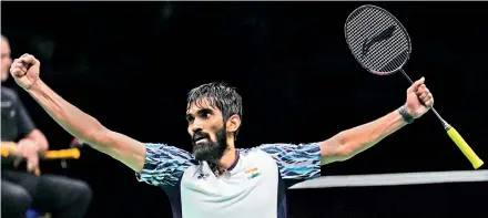  ?? — AP ?? Srikanth Kidambi of India celebrates his victory over Denmark’s Anders Antonsen in the Thomas Cup semifinal match in Bangkok, Thailand, on Friday. Srikanth won with a 21-18, 12-21, 21-15 scoreline.