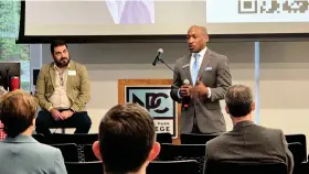  ?? (The Sentinel-Record/Donald Cross) ?? Kendricks Hooker, provost of Cabarrus College of Health Sciences in Concord, North Carolina, introduces himself during Tuesday’s community forum at the NPC Student Commons.