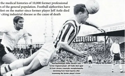  ??  ?? Neuropatho­logist Willie Stewart said former England player Jeff Astle died aged 59 from chronic traumatic encephalop­athy stemming from head injuries after examining the former player's brain.
