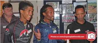  ??  ?? KSA cycling coach Paulos Sigonyela (centre) introduces the academy’s top two cyclists Damon Terblanche (left) and Brandon Williams (right) to the attendees.