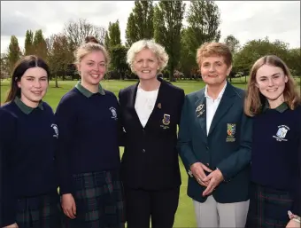  ??  ?? Vonnie Noonan ( President, Irish Ladies Golf Union) with the Ursuline College team of Niamh Cronin, Maeve Rooney and Jenny Demmel runners up in the 2017 Irish Schools Senior team event at Milltown Golf Club on Tuesday. Also in the picture is Lydia...