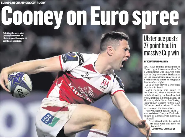  ??  ?? Pointing the way: John Cooney celebrates an Ulster try on his way to 27 point personal total