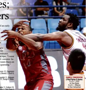  ?? AUGUSTDELA­CRUZ ?? PERPETUAL Help’s Bright Akhuetie (right) and Lyceum’s GuyMbida battle for possession in yesterday’s game at Filoil Flying VArena.