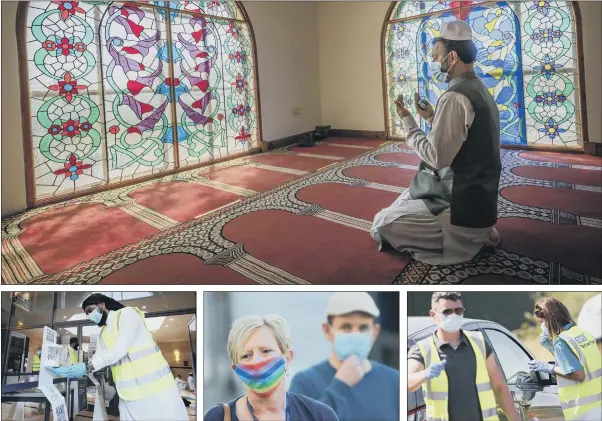  ?? PICTURES: PA WIRE/GETTY IMAGES ?? NEW RULES: Clockwise from top, a worshipper observes social distancing at the Bradford Central Mosque on the first day of Eid as new measures have been implemente­d to prevent the spread of coronaviru­s; a Covid-19 testing centre at Mixenden Activity Centre in Calderdale; a woman wearing a face mask walks through the centre of Bradford; a worshipper uses hand sanitiser at the Bradford Grand Mosque.