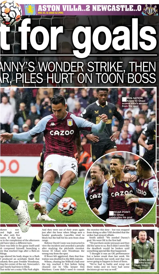  ??  ?? PEN-SATION: Anwar El Ghazi scores Villa’s second from the spot
BAWL BOY: Villa boss Dean Smith