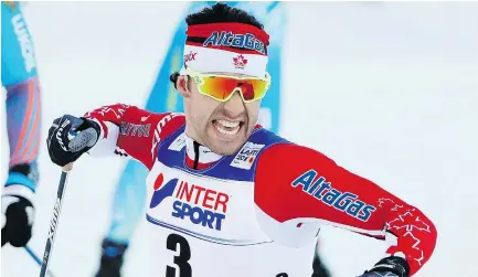  ?? — THE ASSOCIATED PRESS ?? Canada’s Alex Harvey celebrates after winning the men’s 50 km race during the 2017 Nordic Skiing World Championsh­ips in Lahti, Finland, on Sunday.