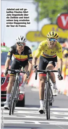  ??  ?? Jubelnd und mit geballten Fäusten fährt John Degenkolb über die Ziellinie und feiert seinen lang ersehnten ersten Etappensie­g bei der Tour de France.