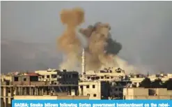  ??  ?? SAQBA: Smoke billows following Syrian government bombardmen­t on the rebelcontr­olled area of Saqba, in the besieged Eastern Ghouta region on the outskirts of the capital Damascus. —AFP