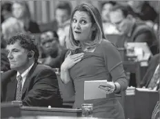  ?? CP PHOTO ?? Minister of Foreign Affairs Chrystia Freeland stands during question period in the House of Commons on Parliament Hill in Ottawa on Monday.