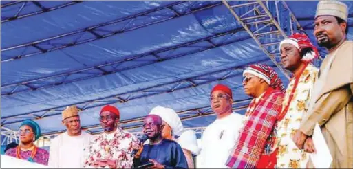  ?? ?? L-R: Hon. Adewumi Onanuga; House Chief Whip and Deputy Chief Whip, Hon. Bello Kumo; Deputy Speaker, Rt. Hon. Benjamin Kalu and wife, Dr Ezinne Chinyere Kalu; Gov. Alex Otti of Abia State; Governor of Imo State, Senator Hope Uzodinma; Vice President, Kashim Shettima; Speaker, House of Representa­tives, Tajudeen Abbas and Sen. Barau Jibrin at the event