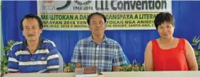  ??  ?? Naglektiur met da Dionisio S. Bulong, Joel B. Manuel ken Estela BisqueraGu­errero maipanggep iti panagsurat iti makapakata­wa a nobela ken sarita.