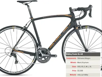  ??  ?? Fenix SL is ideally suited to how many of us really ride Components Wheels Sizes Price Website Shimano Ultegra Mavic Ksyrium XXS, XS, S, M, L, XL $3,500