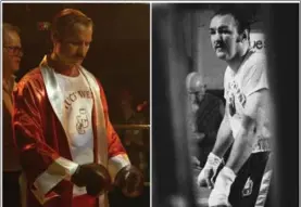  ?? THE ASSOCIATED PRESS ?? Liev Schreiber, left, portrays boxer Chuck Wepner in a scene from the film “Chuck,” and Chuck Wepner appears during a workout at his home in Bayonne, N.J., in 1975.