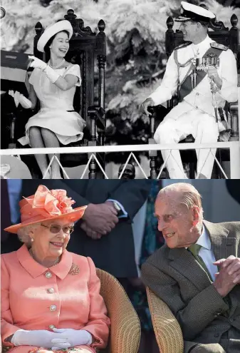  ??  ?? Candid photograph­s captured moments of great charm and humour between the Queen and her consort – during a visit to Bathurst (now Banjul) in the Gambia in 1961 (top), and almost 60 years later while attending the Royal Windsor Cup polo match in Egham.