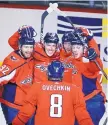  ?? ALEX BRANDON/ASSOCIATED PRESS ?? Alex Ovechkin (8) celebrates with his Washington teammates during Game 6 Monday.