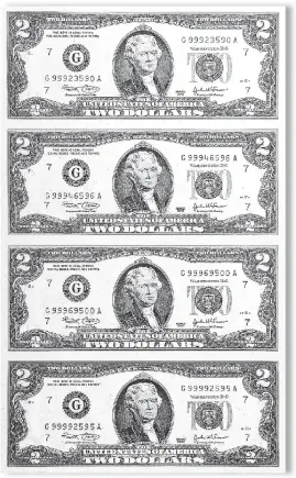  ??  ?? FULL UNCUT SHEETS: Above is one of the valuable uncut sheets of four never circulated $2 bills that are actually being released to U.S. residents. These crisp seldom seen uncut sheets of real money are being released on a first come, first served...