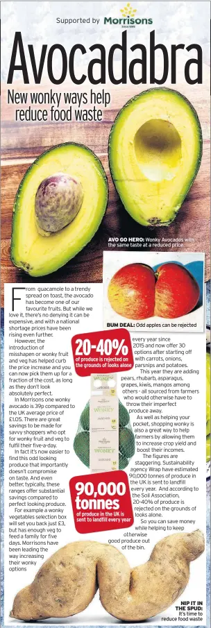  ??  ?? AVO GO HERO: Wonky Avocados with the same taste at a reduced price BUM DEAL: Odd apples can be rejected NIP IT IN THE SPUD: It’s time to reduce food waste