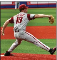  ?? (Photo courtesy Louisiana Tech Athletics) ?? Arkansas starter Lael Lockhart allowed 2 runs on 4 hits, walked 1 and struck out 3 in 5 innings for the Razorbacks, who lost Sunday for the first time this season, 2-0 to Louisiana Tech.