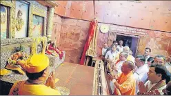  ?? HT PHOTO ?? Chief minister Yogi Adityanath offering prayers to Lord Krishna at ‘garbh-grah’ (sanctum sanctorum) at the basement of Sri Krishna Janmabhoom­i in Mathura on Tuesday. It is believed to be the prison cell where Krishna was born.