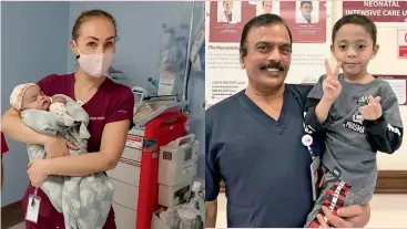  ?? ?? A member of the medical team holding a newborn at the Burjeel Medical City NICU (left). Dr. Shenoy with five year-old Henrid Digo, who was born at a gestationa­l age of 25 weeks and spent 102 days in the NICU (right).