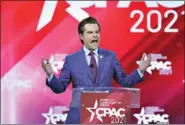  ?? (Stephen M. Dowell/Orlando Sentinel via AP) ?? U.S. Rep. Matt Gaetz -R-Florida, speaks Feb. 26 at CPAC at the Hyatt Regency in Orlando, Fla.