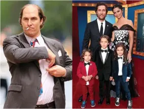  ??  ?? A transforme­d Matthew in Gold (left) and with Camila and their children at the Sing premiere in Los Angeles last December.