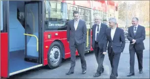  ??  ?? GREEN BID: Sadiq Khan and (second from right) unveiled the new double decker hydrogen buses