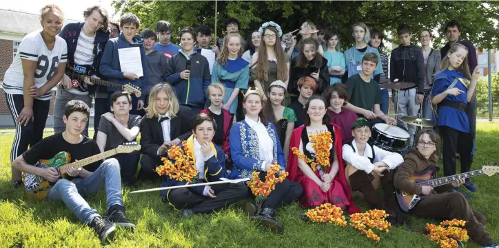  ??  ?? The cast of ‘Witchwood’ from North Wicklow Educate Together with director Emer Foley, assistant director Beartla de Burca and music director Dara McGarrigle.