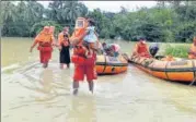  ?? ANI ?? NDRF rescue people at flood-hit Sesa Pani village in Bongaigaon district of Assam on Thursday.