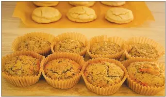  ??  ?? Power outages make baking difficult unless you own or invest in a sun oven. Compared here are gluten-free vegan chia seed muffins baked in a toaster oven (front row) and sun oven (back row). In the background are gluten-free biscuits. All were delicious, reports columnist Amanda Bancroft.
(Courtesy Photo/Amanda Bancroft)