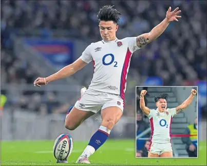  ?? ?? Marcus Smith kicks England to a win against South Africa and then shows his delight (inset)