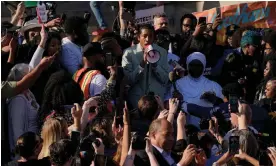  ?? Photograph: Cheney Orr/Reuters ?? Justin Jones speaks to supporters on the steps of the Tennessee state capitol.