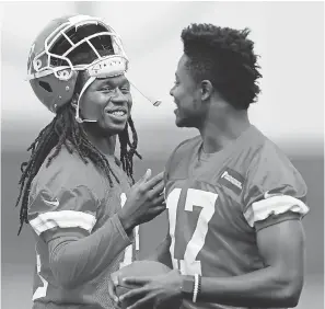  ?? ORLIN WAGNER/AP ?? New Chiefs wide receiver Sammy Watkins, left, is learning the ropes in Kansas City with help from teammates including Chris Conley.