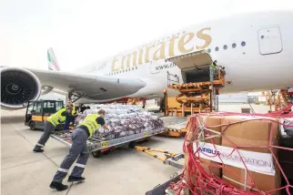  ??  ?? The aircraft, which is the 98th A380 to join the airline’s fleet, carried 1,020 tarpaulins and ropes required for the immediate first needs alleviatio­n after a humanitari­an crisis.