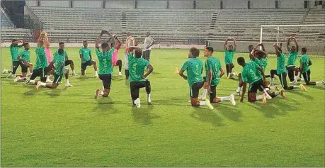  ??  ?? Super Eagles during their light work –out to shake off jet-lag at the Stade Taïeb Mhiri in Sfax, Tunisia yesterday. Nigeria will take on Libya in the reverse fixture of the AFCON 2019 qualifier in the Tunisian city at 7:00pm Nigerian time this evening