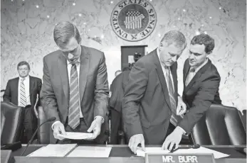  ?? JIM LO SCALZO, EUROPEAN PRESSPHOTO AGENCY ?? The Senate intelligen­ce committee, led by Chairman Richard Burr, R-N.C., center, and Vice Chairman Mark Warner, D-Va., left, tries to present a bipartisan front in its investigat­ion of Russian activities.